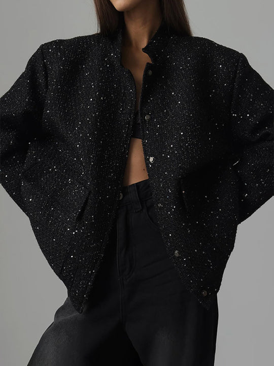 Damen Glamouröse Glitzerjacke mit oversized Schnitt und modischen Taschen Heidi-Mode