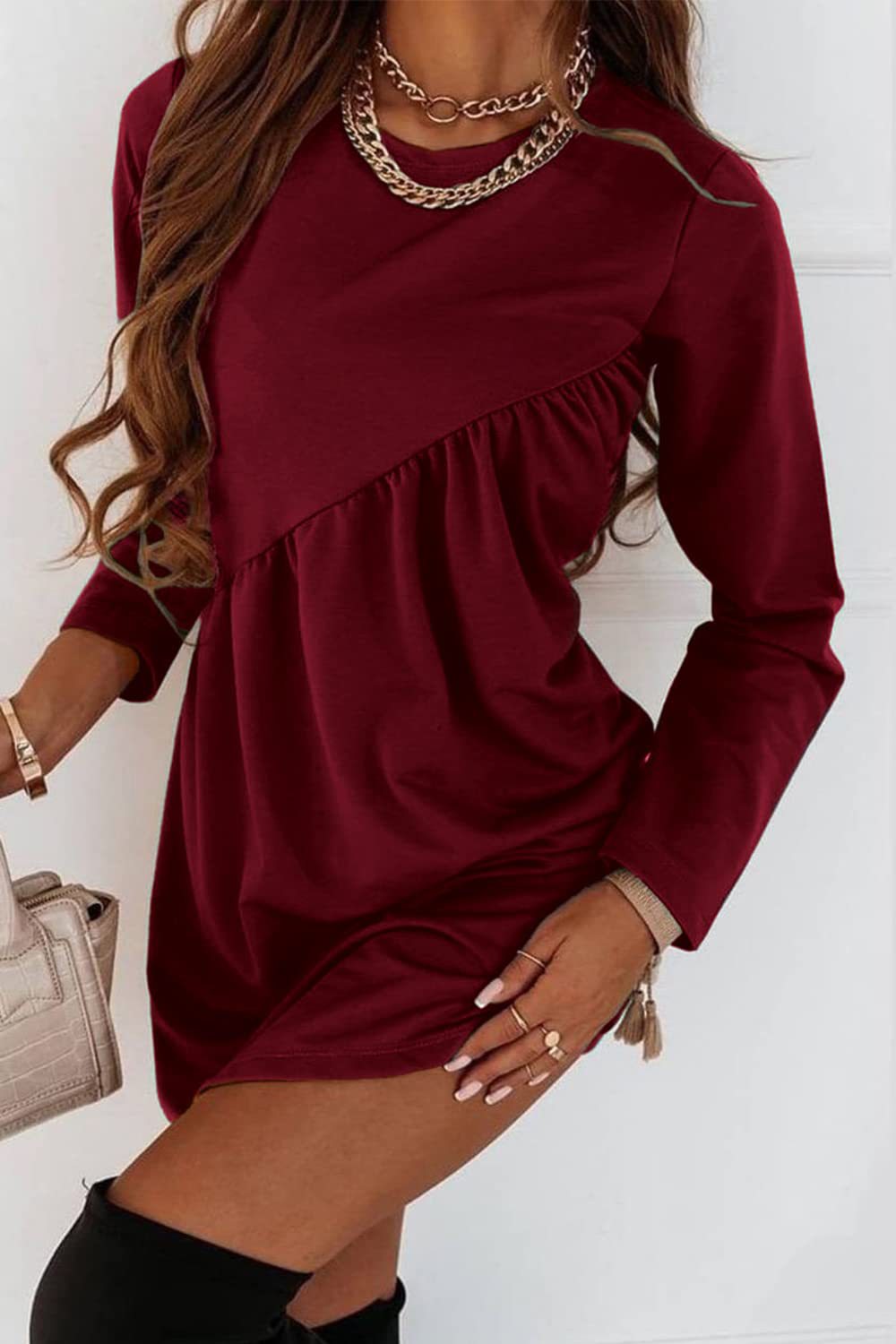 Heidi-Mode | O Hals Langarm Babydoll Tunika Kleid