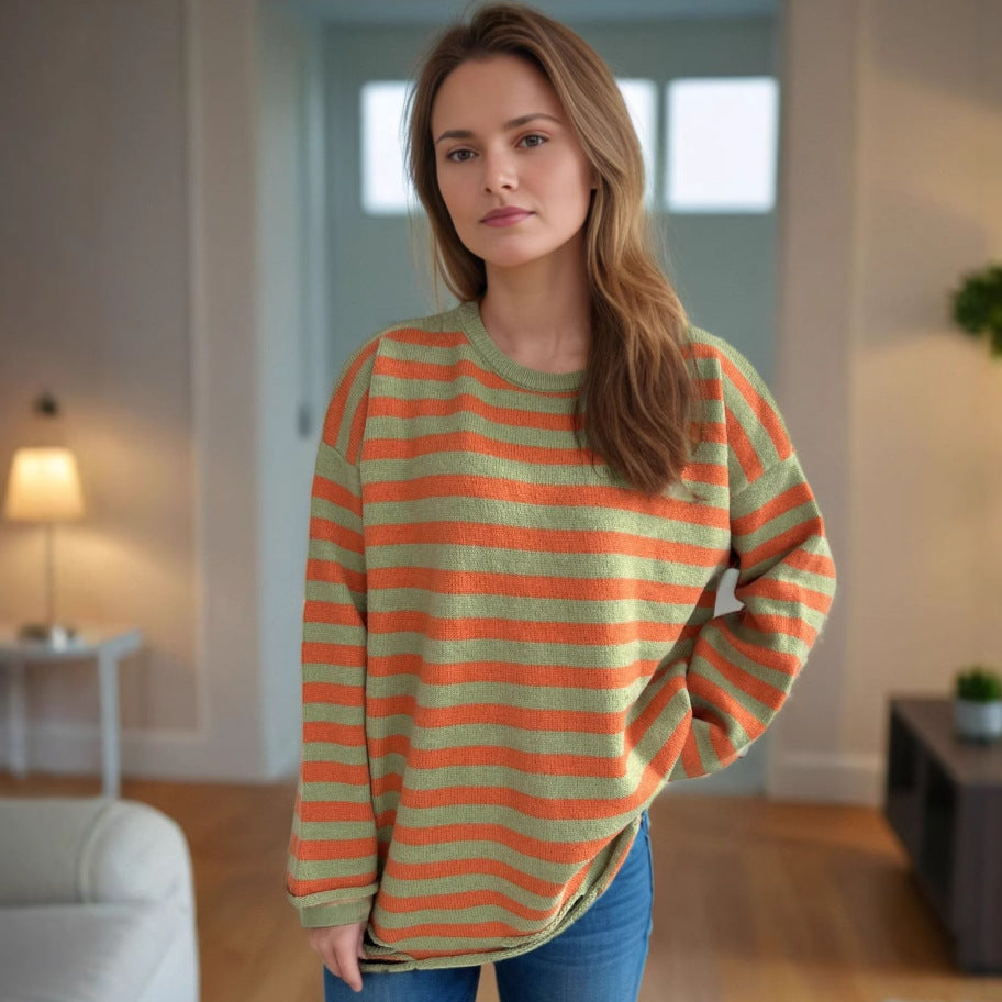 Damen lässiger Oversize-Pullover mit breiten Streifen Heidi-Mode