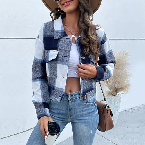 Damen Karierte Denimjacke mit Knöpfen und Brusttaschen Heidi-Mode