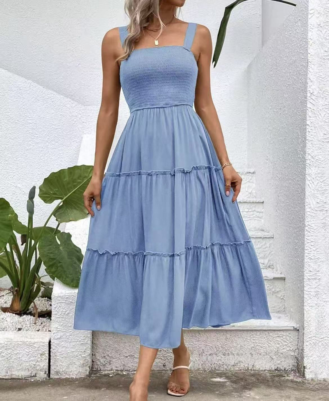 Damen Maxikleid mit elastischem Bustier und fließendem Rock Heidi-Mode