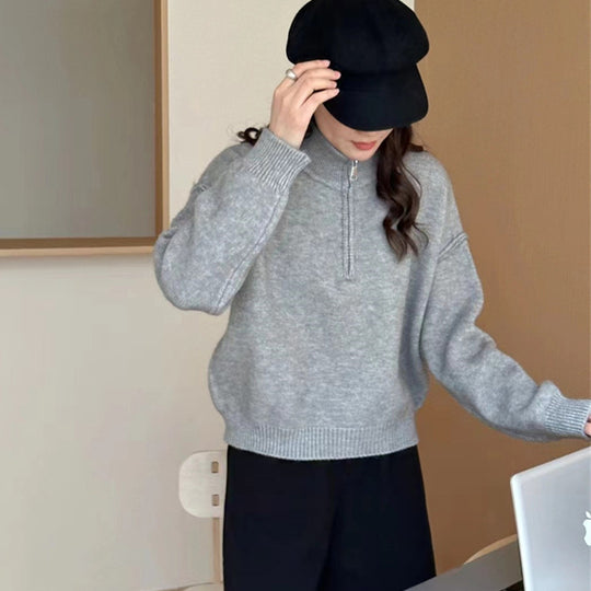 Damen lässiger Pullover mit kurzem Reißverschluss und entspannter Passform Heidi-Mode