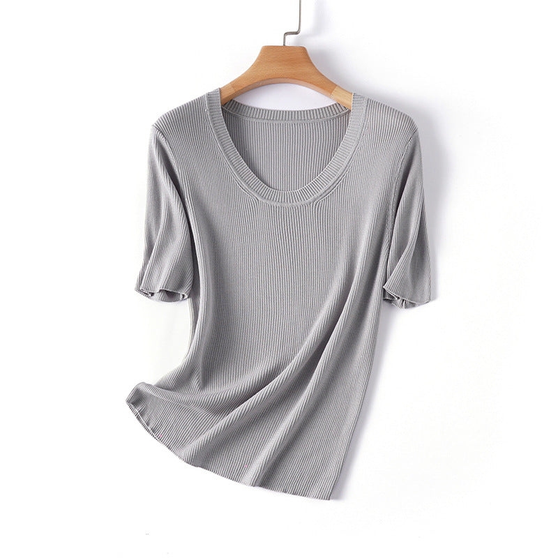 Femme Rippstrick Kurzarm V-Ausschnitt Top Heidi-Mode