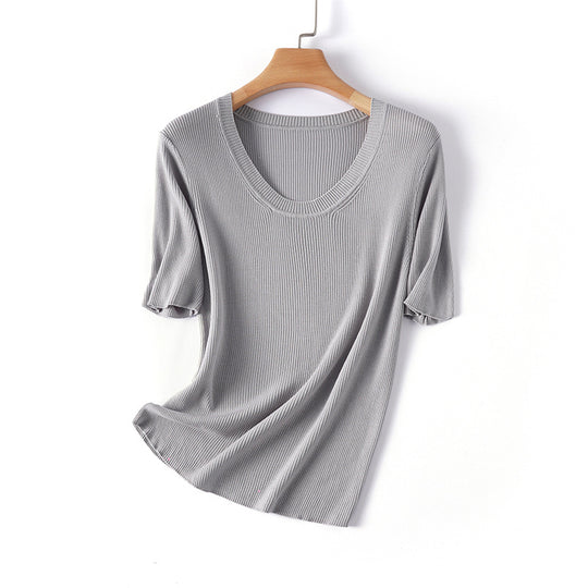 Femme Rippstrick Kurzarm V-Ausschnitt Top Heidi-Mode