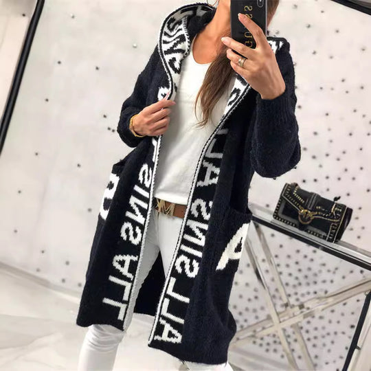 Damen Langarm-Strickcardigan mit Kapuze und praktischen Taschen Heidi-Mode