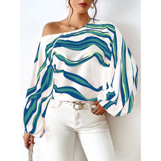 Damen Off-Shoulder Bluse mit voluminösen Ärmeln und maritimem Wellenmuster Heidi-Mode