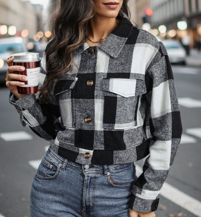 Damen Karierte Baumwolljacke mit modischem Schnitt und Taschen Heidi-Mode