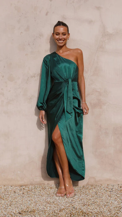 Heidi-Mode | Satin Maxi-Kleid mit einem Schulter