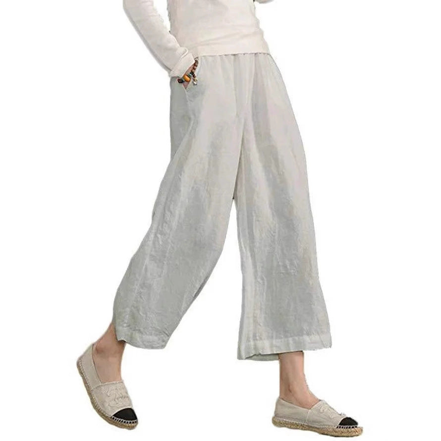 Damen weite Leinenhose mit seitlichen Taschen und elastischem Bund Heidi-Mode