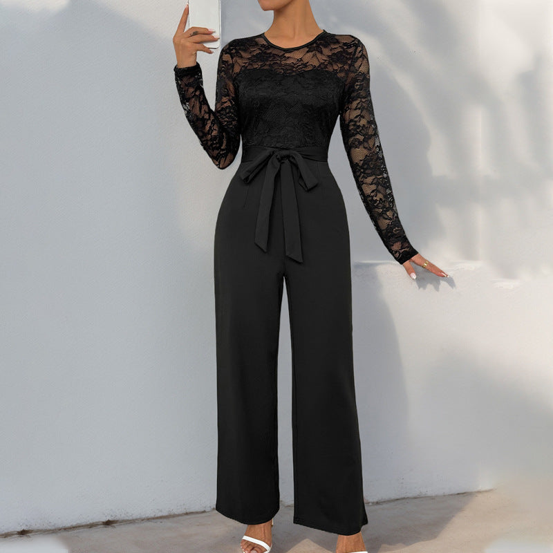 Damen Eleganter Jumpsuit mit Spitzenoberteil und tailliertem Bund Heidi-Mode