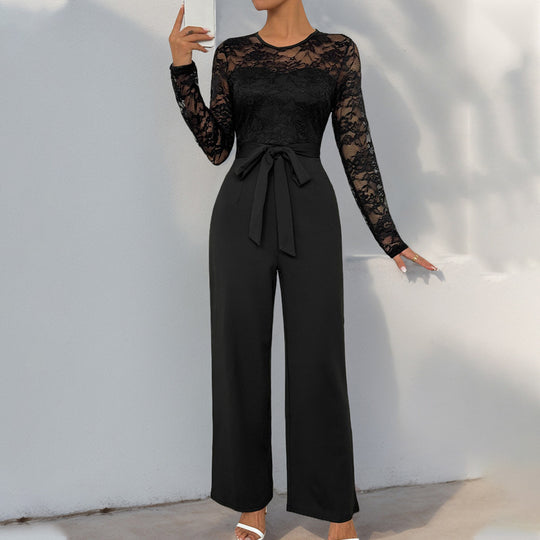 Damen Eleganter Jumpsuit mit Spitzenoberteil und tailliertem Bund Heidi-Mode