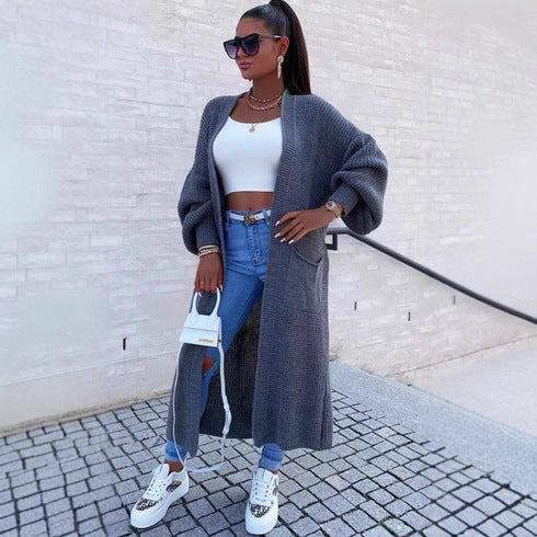 Damen Langer Strickcardigan mit weiten Ärmeln und praktischen Taschen Heidi-Mode