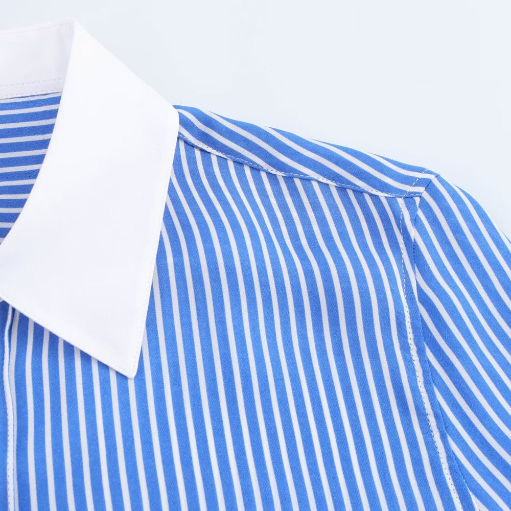 Heidi-Mode | Modische Blau Weiß Gestreifte Revers Vielseitige Bluse