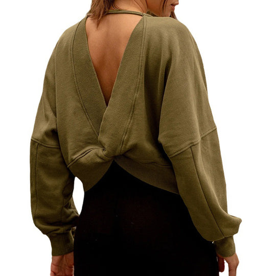 Damen lässiger Pullover mit tiefem Rückenausschnitt und Knoten-Detail Heidi-Mode