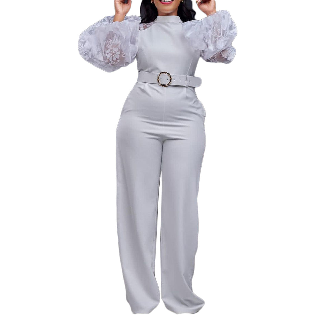 Damen Jumpsuit mit transparenten Puffärmeln und taillierbarem Gürtel Heidi-Mode
