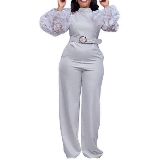 Damen Jumpsuit mit transparenten Puffärmeln und taillierbarem Gürtel Heidi-Mode