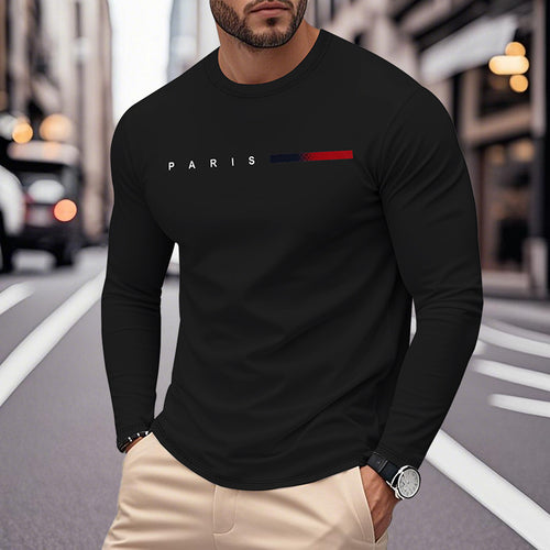 Herren Langarm T-Shirt mit modernem Paris-Druck und elastischem Saum Heidi-Mode