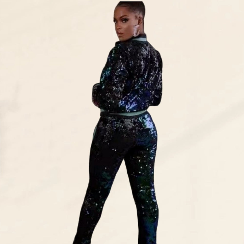 Damen Glitzerndes Sportanzug-Set mit trendigen Streifen Heidi-Mode