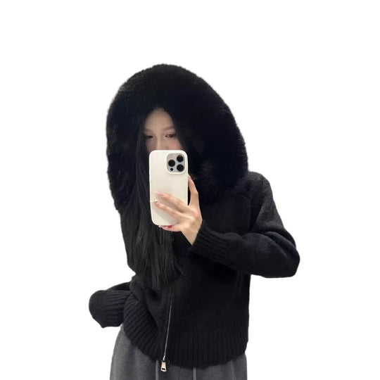 Damen kuschelige Strickjacke mit luxuriösem Pelzkragen und Reißverschluss Heidi-Mode