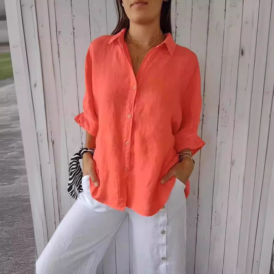 Damen lässige Leinenbluse mit lockerer Passform und Knopfleiste Heidi-Mode