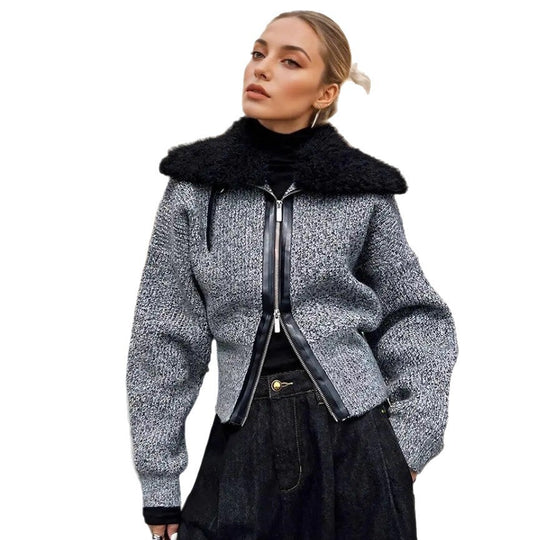 Damen Strickjacke mit kontrastierendem Kragen und seitlichem Reißverschluss Heidi-Mode