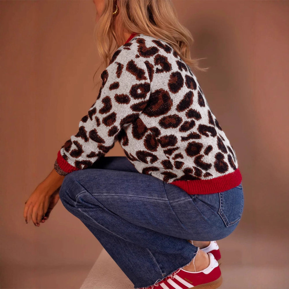 Damen modischer Pullover mit Leopardenmuster und kontrastierenden Bündchen Heidi-Mode