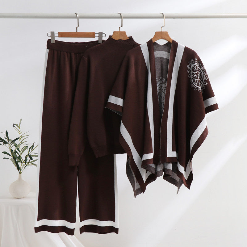 Damen elegantes Strick-Loungewear-Set mit grafischem Muster und weiten Ärmeln Heidi-Mode