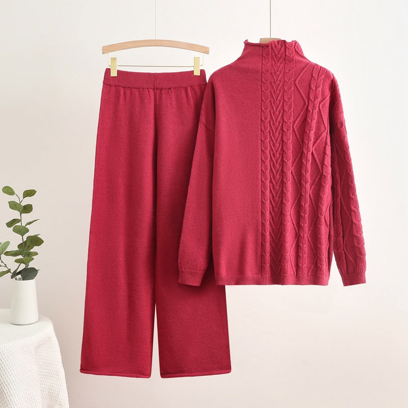 Damen gemütliches Strick-Loungewear-Set mit hochgeschlossenem Kragen Heidi-Mode
