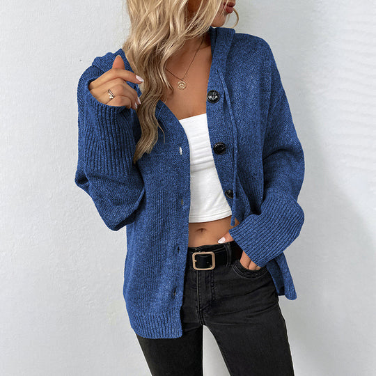 Damen lässige Strickjacke mit Kapuze und Knopfverschluss Heidi-Mode