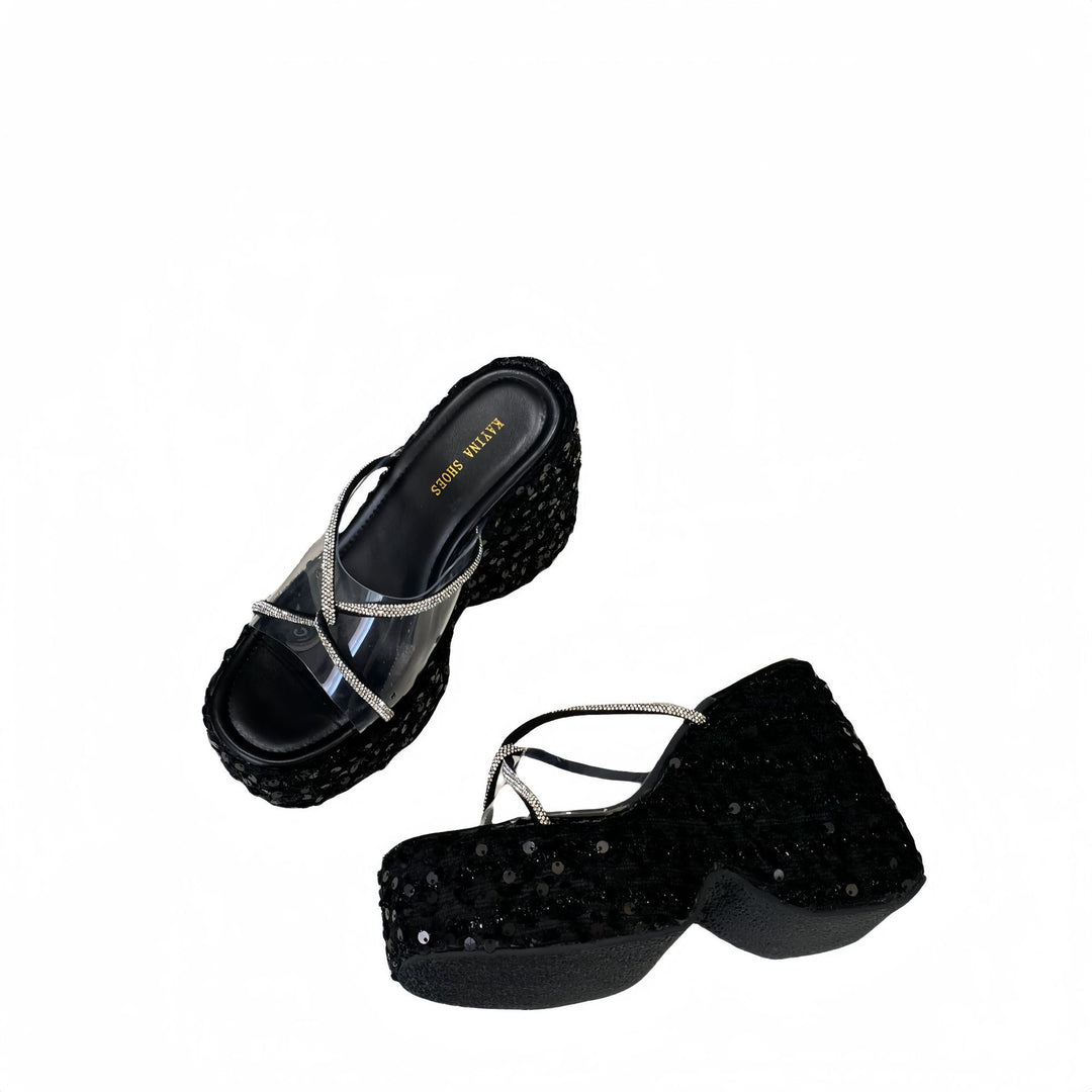 Damen Plateau-Sandalen mit glamourösem Pailletten-Design und trendigem Riemen Heidi-Mode