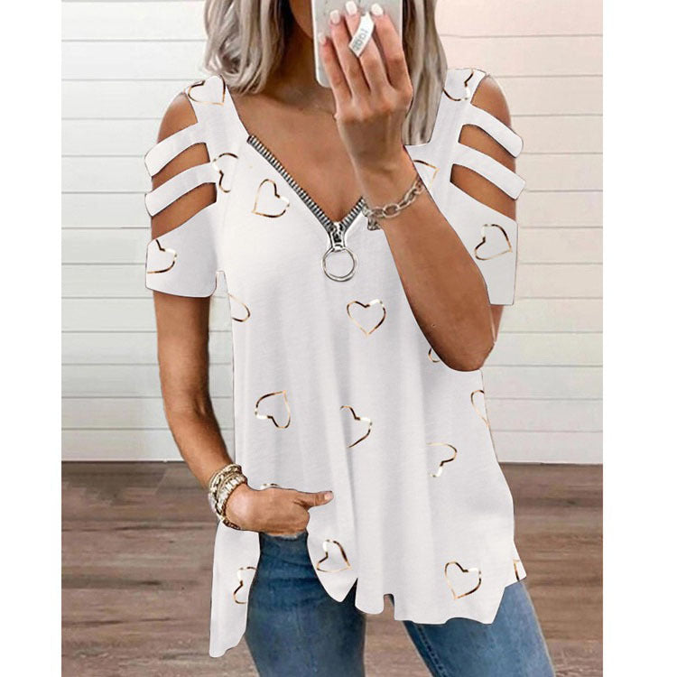 Damen V-Ausschnitt T-Shirt mit Cut-Outs und Herzdesign Heidi-Mode