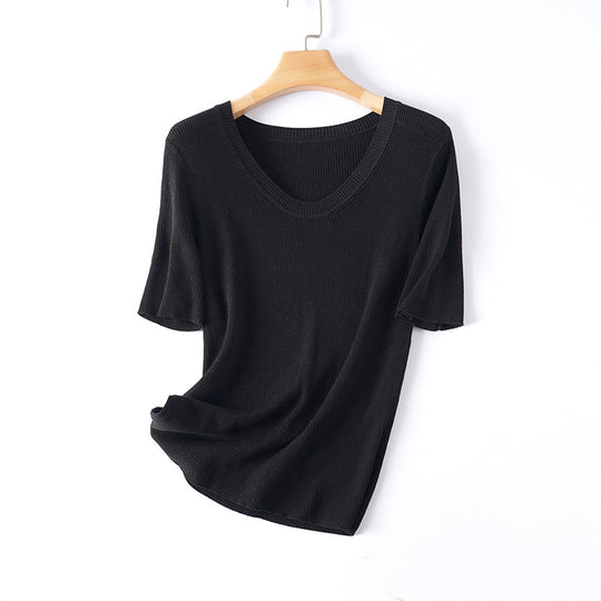 Femme Rippstrick Kurzarm V-Ausschnitt Top Heidi-Mode