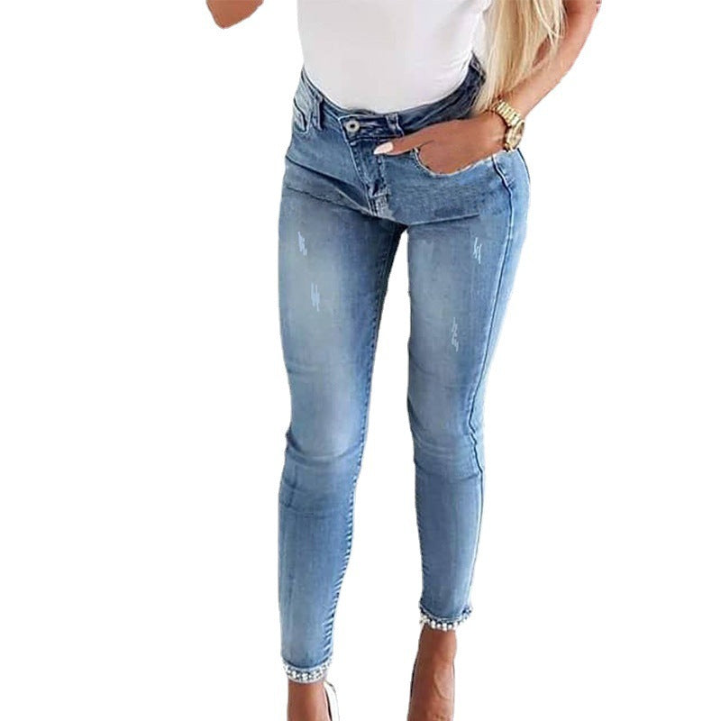Damen Skinny Jeans mit Perlen- und Schleifendetails Heidi-Mode