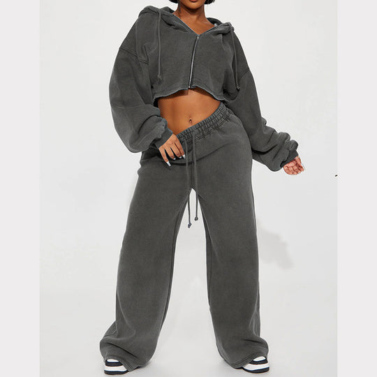 Damen Sportliches Fleece-Set mit cropped Hoodie und weitem Schnitt Heidi-Mode
