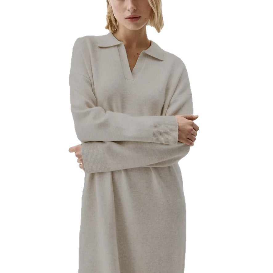 Damen Übergröße Strickkleid mit modernem Polokragen und langen Ärmeln Heidi-Mode