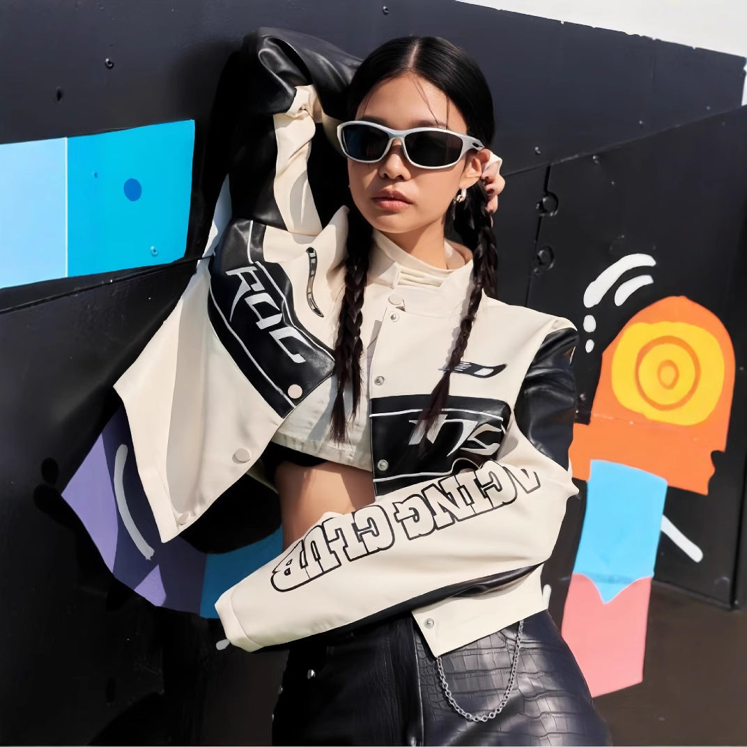 Damen cropped Bikerjacke mit einzigartigen Grafikdetails Heidi-Mode