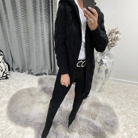 Damen Grobstrick-Cardigan mit Kapuze und Zopfmuster Heidi-Mode