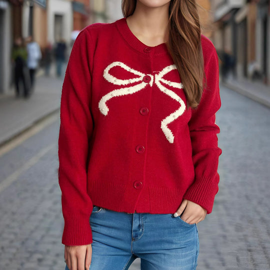 Damen Strickjacke mit verspieltem Schleifenmotiv und hochwertigen Knopfdetails Heidi-Mode