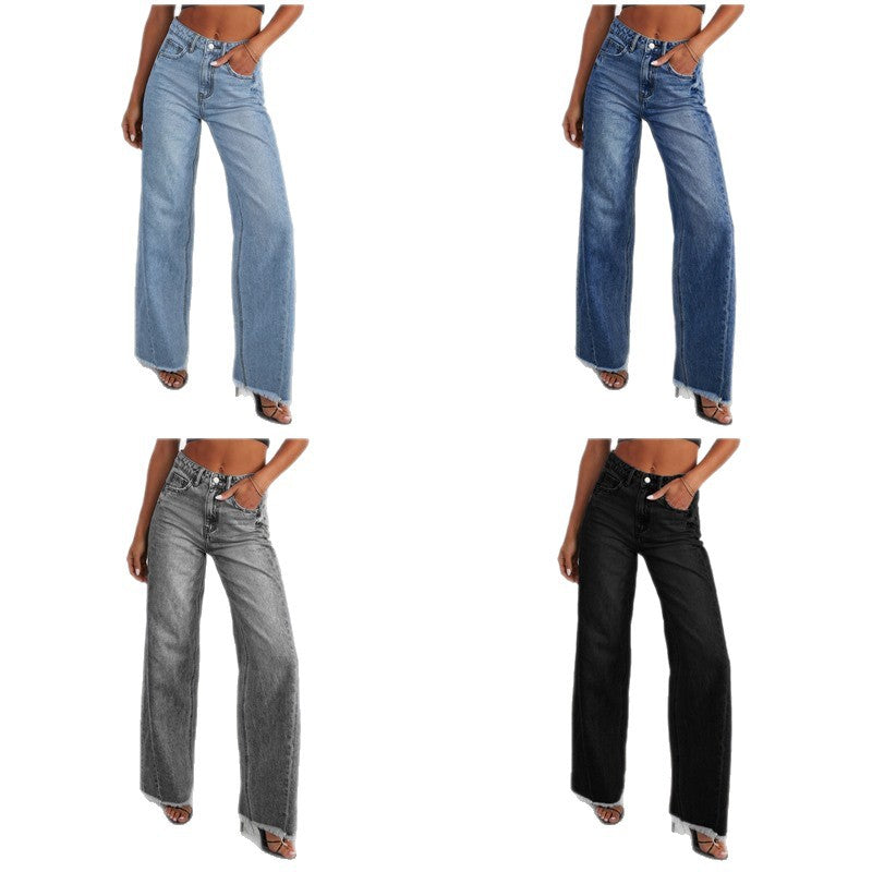 Damen Weit geschnittene Jeans mit trendigem fransigem Saum Heidi-Mode