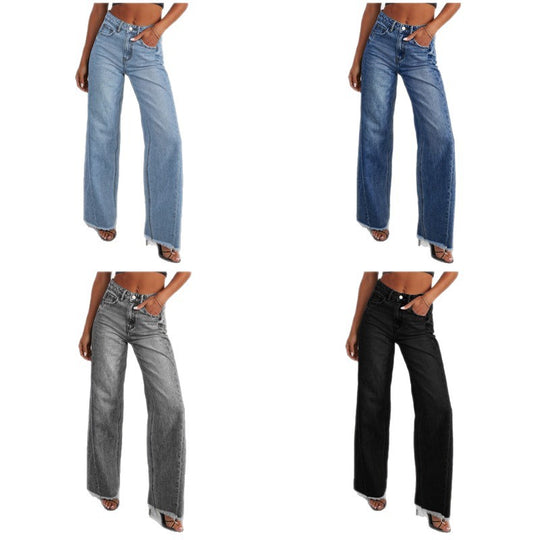 Damen Weit geschnittene Jeans mit trendigem fransigem Saum Heidi-Mode