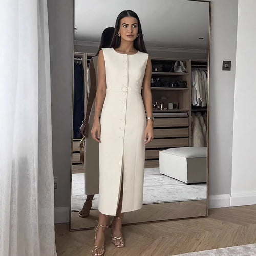 Damen ärmelloses Wickelkleid mit Knopfverschluss und Taillengürtel Heidi-Mode