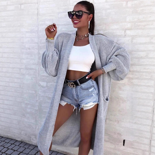 Damen Langer Strickcardigan mit weiten Ärmeln und praktischen Taschen Heidi-Mode