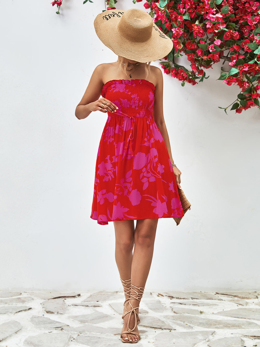 Damen Sommerliches Strapless Kleid mit floralen Mustern Heidi-Mode