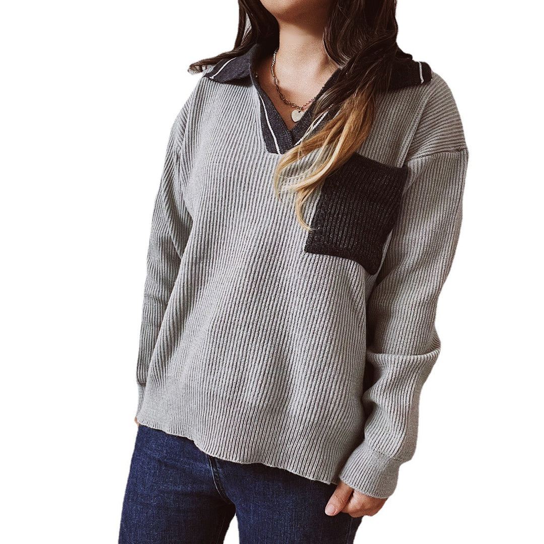 Damen lässiger V-Ausschnitt Pullover mit strukturiertem Rippdesign und kontrastierendem Kragen Heidi-Mode