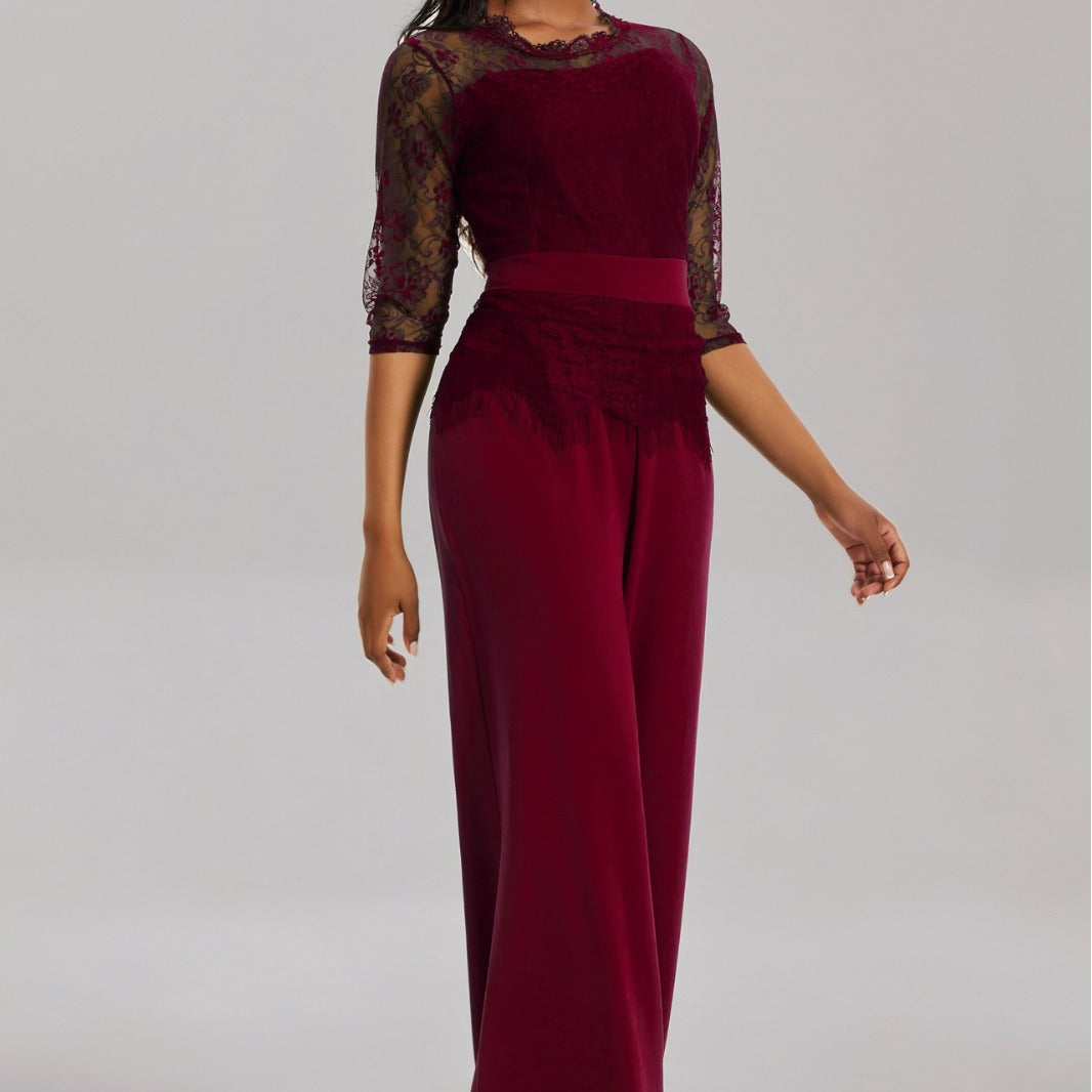 Damen Eleganter Jumpsuit mit Spitzenärmeln und weitem Bein Heidi-Mode