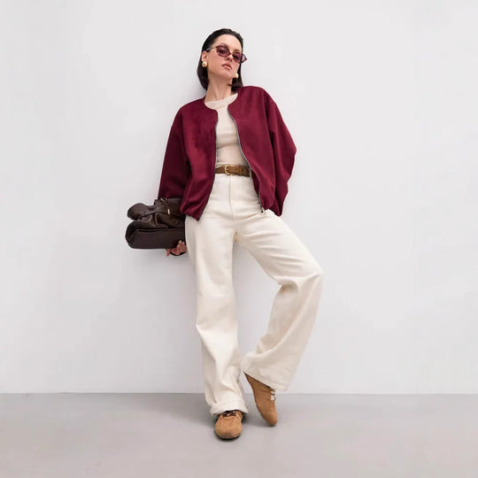 Damen weiche Oversized-Sweatjacke mit modernem Reißverschluss und seitlichen Eingrifftaschen Heidi-Mode