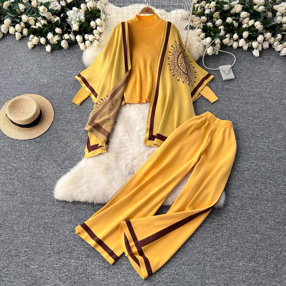 Damen lässiges Strickensemble mit langen Ärmeln und weitem Bein Heidi-Mode