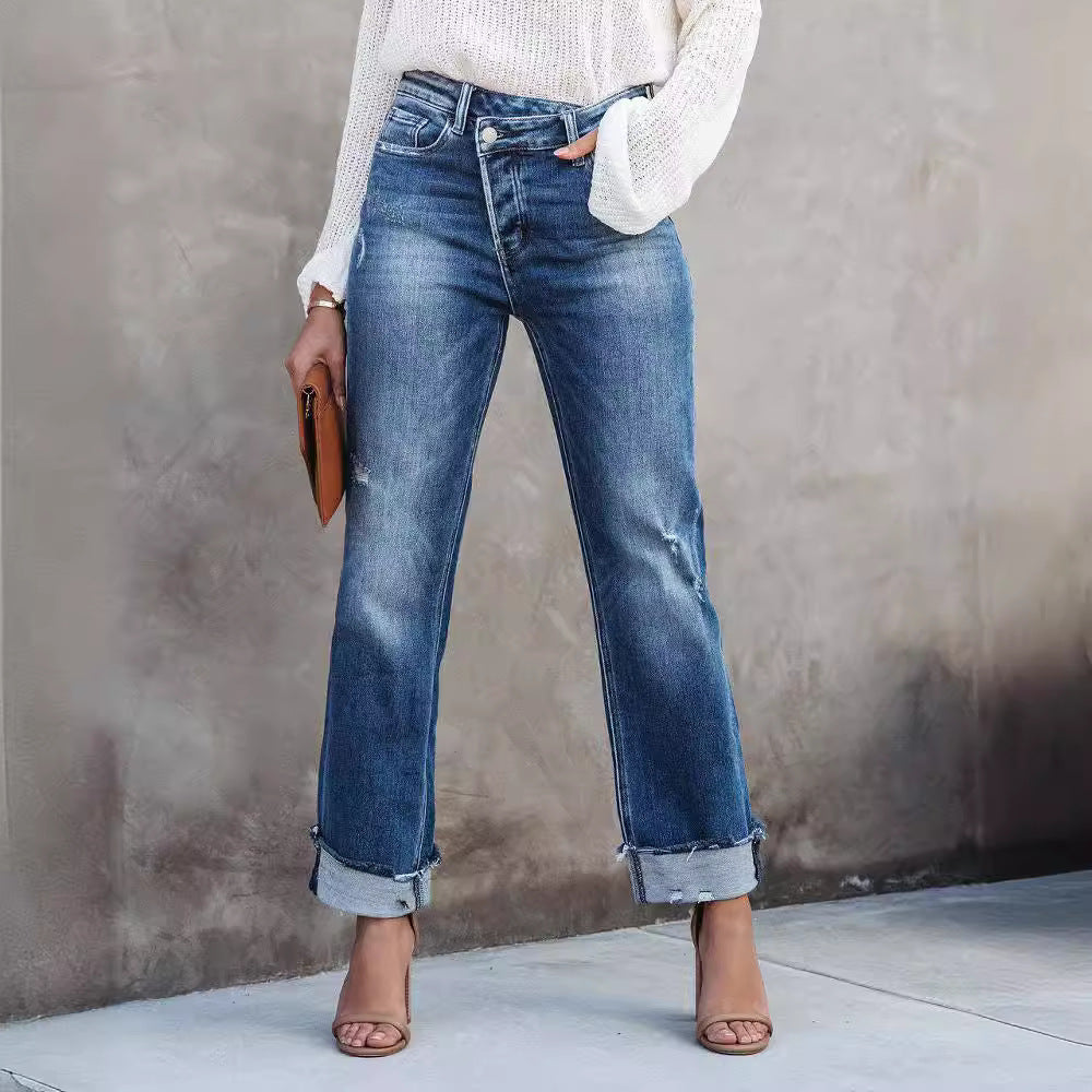 Damen lässige Flared Jeans mit modischen Fransen und hohem Bund Heidi-Mode