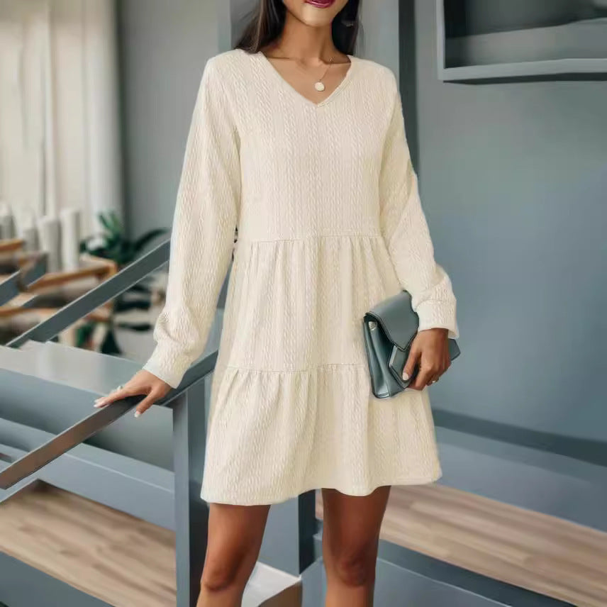 Damen lässiges V-Ausschnitt Kleid mit voluminösem Saum und langen Ärmeln Heidi-Mode