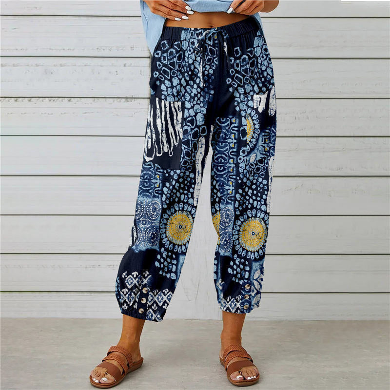 Damen lässige Pant mit floralem Druck und praktischen Knöpfen Heidi-Mode